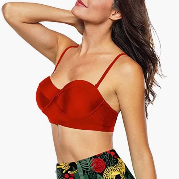 New Retro Vintage Red Bikini Top Underwire Support Lift - Size Large (US 12-14) - Picture 1 of 7
